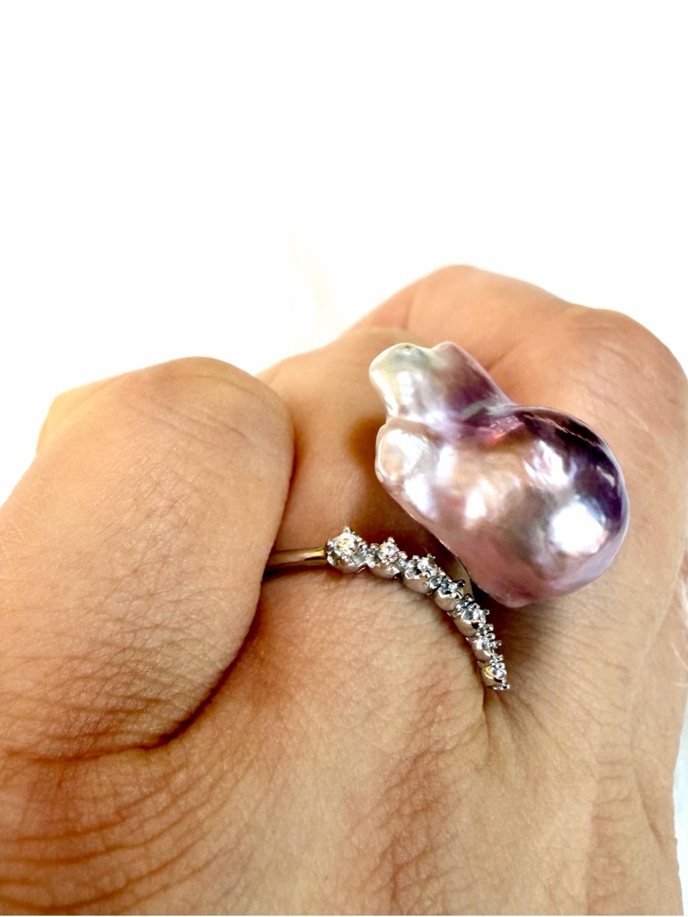 Lavender Baroque Pearl Ring with Pavé Band - Women Jewelry - Picture 5 of 10